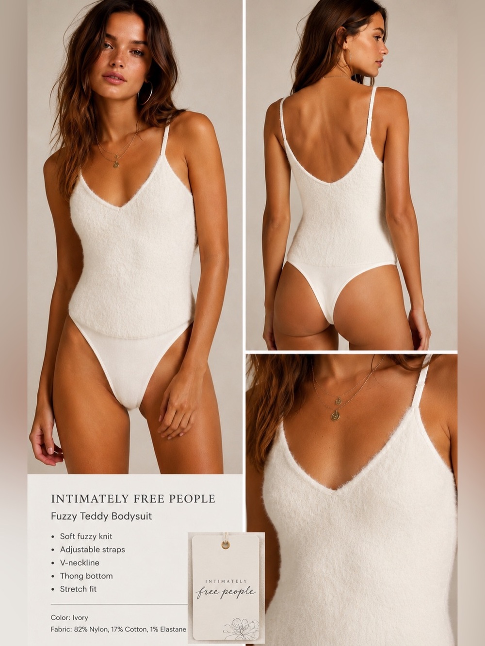 Free People Intimately Ivory Fuzzy Knit Bodysuit Soft Teddy Cami Thong Size S - Picture 1 of 9